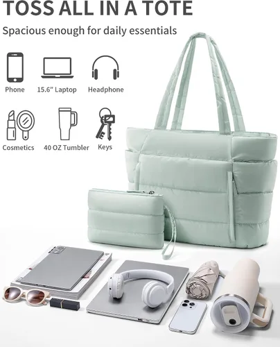 Miniatura 7 de Bolsa Tote Acolchada para Mujeres, Bolsa de Mano de Trabajo Ligera y Esponjosa para Maestras y Enfermeras, Bolsa de Hombro Acolchada para Escuela
