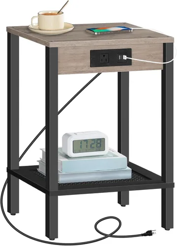 Miniatura 11 de HOOBRO Mesa auxiliar con estación de carga, mesa auxiliar con puertos USB y tomacorriente, mesita de noche con estante de almacenamiento de 2 Negro