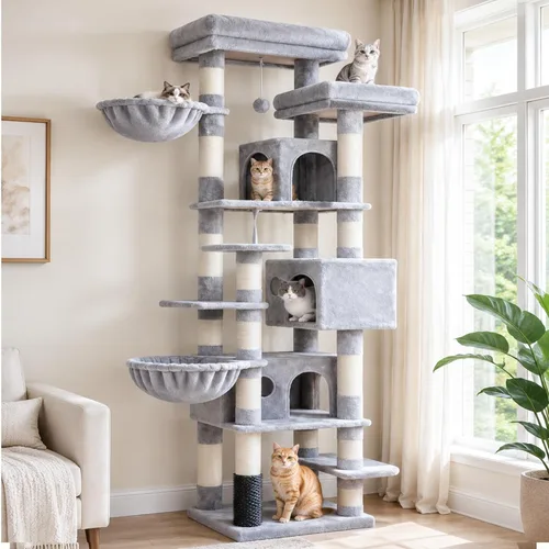 Miniatura 10 de Hey-brother Árbol de Gato, torre de gato de varios niveles XL de 74 pulgadas para gatos de interior con tres condominios para gatos, dos plataformas