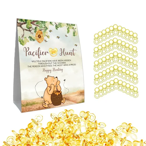 Winnie Mini Chupetes Juego de Baby Shower, Cartel de caza de chupetes, juego clásico de Pooh Baby Shower, 50 piezas de mini chupetes amarillos