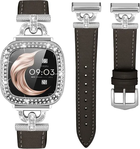 Miniatura 12 de Correa de cuero compatible con Fitbit Sense 2/Versa 4 para mujeres, elegante correa de cuero con hebilla metálica en forma de D con strass con funda