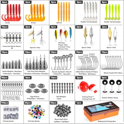 Miniatura 3 de PLUSINNO 353/404 piezas de señuelos de pesca, caja de aparejos de pesca mejorada con aparejos incluidos, crankbaits, anzuelos, pesos, otros