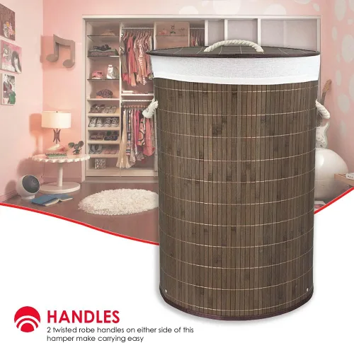 Miniatura 3 de Home Basics Cesta plegable de bambú para lavandería (redonda, marrón)