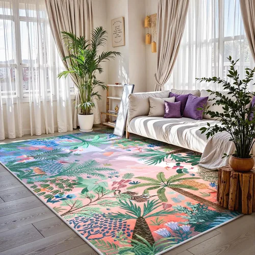 Miniatura 21 de LIVEBOX Alfombra lavable con estampado de animales de la jungla de 5 x 7 pies en azul para sala de estar, alfombras antideslizantes para dormitorio