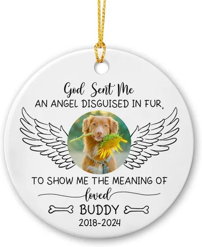 Miniatura 13 de Marco de fotos conmemorativo personalizado para mascotas, adorno de Navidad 2025, Un pedazo de mi corazón vive en el cielo, adorno de cerámica