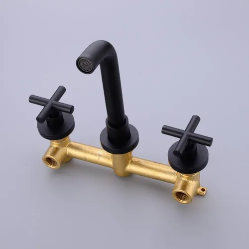 Miniatura 5 de TRUSTMI Grifo de baño de latón negro mate montado en la pared, doble mango cruzado grifo de lavabo en pared y válvula áspera incluida