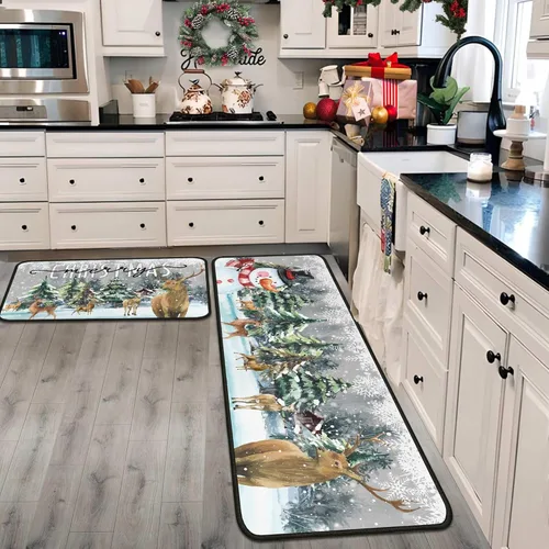 Miniatura 10 de Juego de 2 tapetes de cocina verdes de Navidad, decoración de Navidad antideslizante, ciervo, muñeco de nieve, alfombras de cocina de invierno