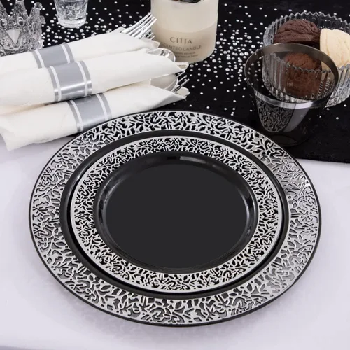 Miniatura 6 de NOCCUR Juego de vajilla de 210 piezas de color negro y plateado para 30 invitados, platos de plástico negro con borde plateado que incluyen 30 Negro