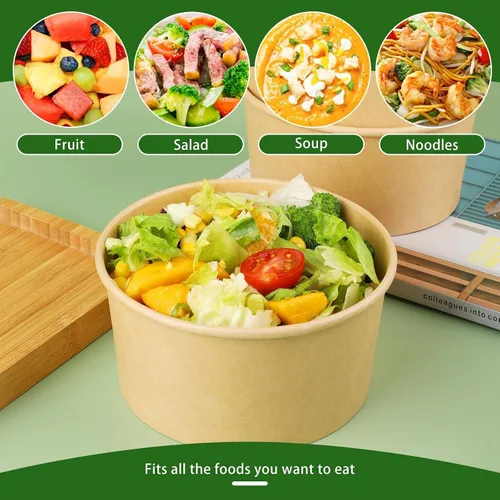 Miniatura 4 de Paquete de 50 recipientes de alimentos desechables de 33 onzas, cuencos redondos de papel kraft desechables con tapas para ensalada dietética