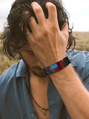 Miniatura 2 de U7 Bracelets for Men American Flag Bracelets 4th of July Jewelry Leather Wristband Stainless Steel18K Gold PlatedBlack Cuban Link Chain Bracelets