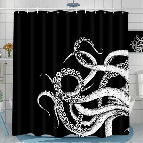 Miniatura 2 de Octopus Decor - Cortina de ducha para caravana, remolque, baño, divertido juego de cortinas de ducha pequeñas y estrechas de tela en blanco y negro