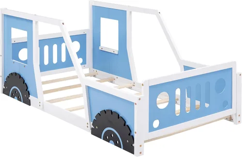 Miniatura 4 de SOFTSEA Cama de suelo tamaño individual con forma de automóvil con ruedas, marco de cama Montessori con valla y puerta para niños y niñas, soporte