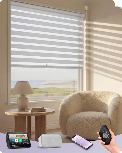 Miniatura 10 de Graywind Persianas motorizadas de cebra para ventanas, persianas inteligentes 100 % opacas con control remoto, persianas de cebra personalizadas