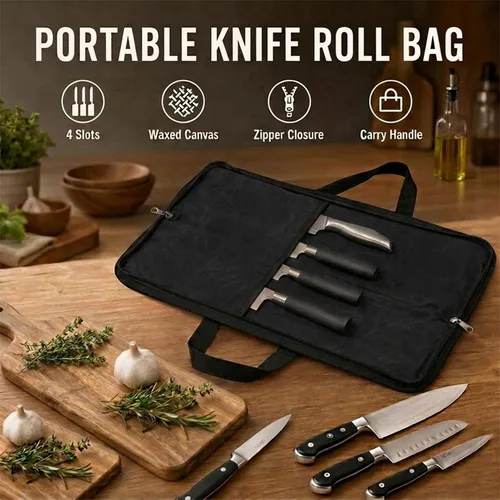 Miniatura 8 de Rollo de cuchillos, bolsa resistente para cuchillos, estuche de lona encerada con 4 ranuras para cuchillos y herramientas de cocina, bolsa