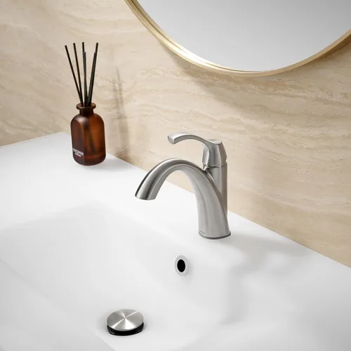 Miniatura 2 de TimeArrow Grifo de baño de níquel cepillado de 1 manija y un solo agujero, placa de cubierta de 3 agujeros, drenaje desplegable y líneas de Níquel