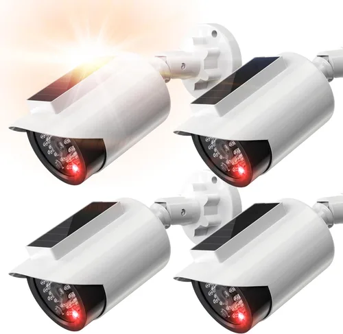 Miniatura 11 de BNT Cámara de seguridad falsa con energía solar, cámara de vigilancia falsa en forma de bala con luz LED roja para noche, calcomanía de advertencia