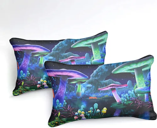 Miniatura 3 de Juego de funda de edredón psicodélico de fantasía con diseño de hongos psicodélicos, galaxia, verde cielo, morado, diseño de hongos estrellados, #1