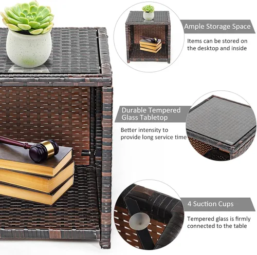 Miniatura 8 de Tangkula Juego de muebles de ratán de polietileno de 3 piezas, juego de conversación de patio con silla y mesa de café de almacenamiento, cojín Gris