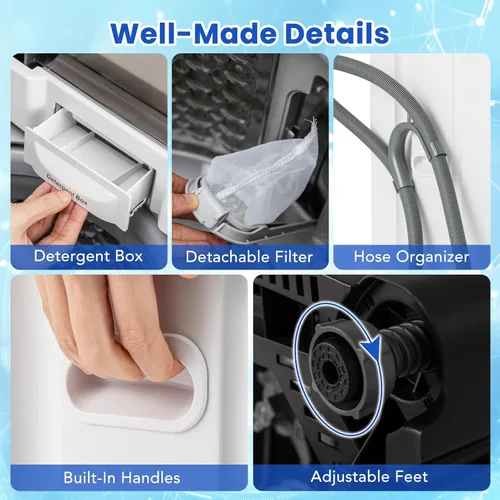Miniatura 4 de COSTWAY Lavadora portátil, lavadora portátil completamente automática de 11 libras con 8 modos, 10 niveles de agua, pantalla LED y bomba de drenaje