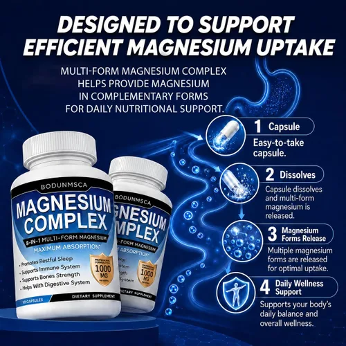 Miniatura 4 de Complejo de magnesio de 1000 mg, cápsulas de suplemento de magnesio 8 en 1 con glicinato, citrato, malato y taurato, apoya los músculos, los huesos