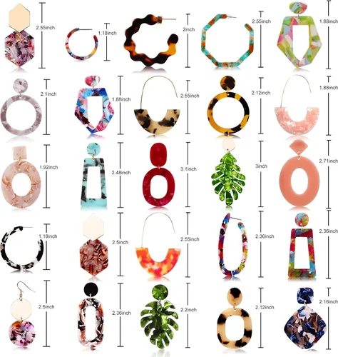 Miniatura 4 de FIFATA Juego de 25 pares de aretes de resina acrílica para mujeres y niñas, aro moteado, joyería colgante de gota hipoalergénica para orejas