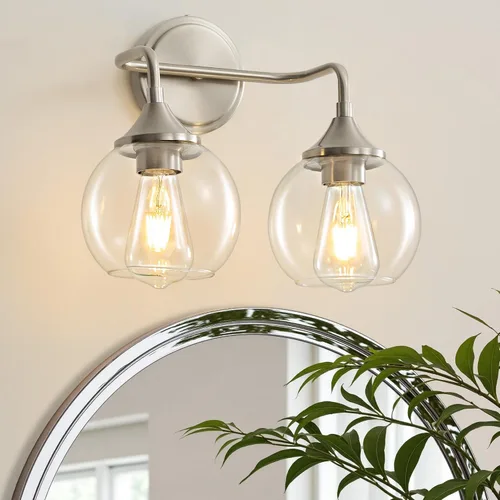 Miniatura 9 de Lámpara de Tocador de Baño Dorada con Pantalla de Vidrio Transparente, Base E26, Luminarias de Baño de 2 Luces Sobre Espejo, Luces de Tocador de 14