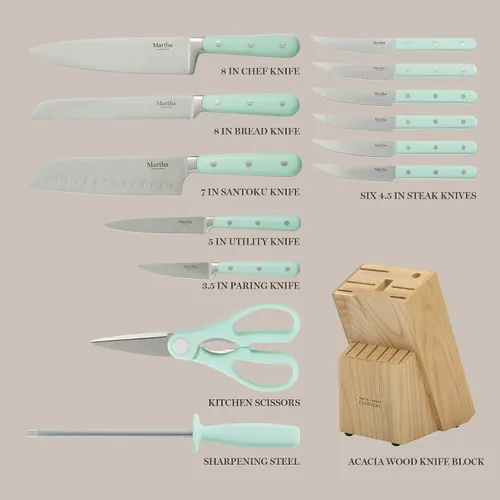 Miniatura 3 de Martha Stewart Eastwalk - Juego de 14 cuchillos de acero inoxidable de alto carbono con mango forjado triple remachado de ABS, bloque de madera