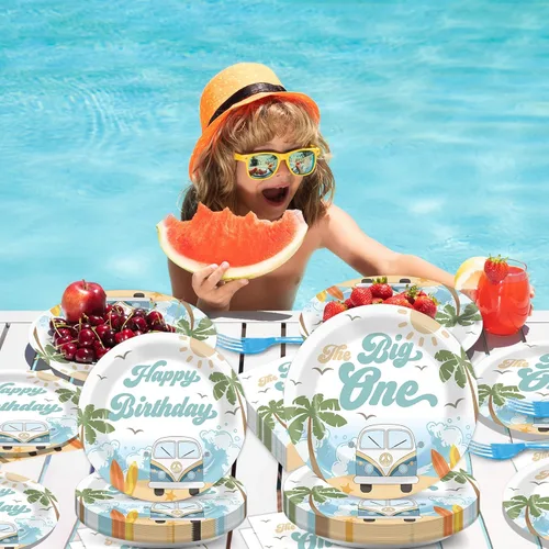 Miniatura 5 de 200 piezas Platos y Servilletas de Fiesta de Verano de Playa The Big One para Niño Surfeando Primer Cumpleaños, Juego de Vajilla Hawaiana