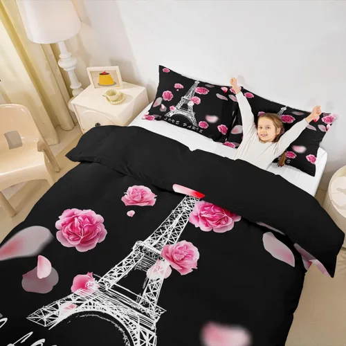 Miniatura 20 de Erosebridal Juego de funda de edredón negra mágica para niñas, tamaño individual, diseño de princesita para niños pequeños, funda de edredón rosa