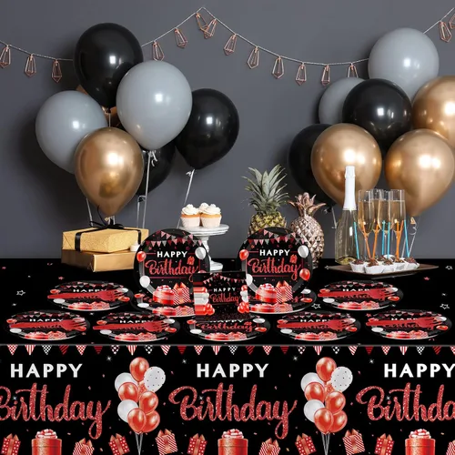 Miniatura 4 de Suministros de fiesta de cumpleaños rojo y negro, confeti con chispas de feliz cumpleaños, incluye platos de fiesta, servilletas, tenedor y mantel