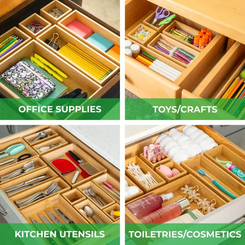 Miniatura 2 de Grow Forward Cajas Organizadoras de Cajones de Bambú - Juego de 7 Organizadores de Cajones de Madera para Cocina, Baño, Oficina, Escritorio