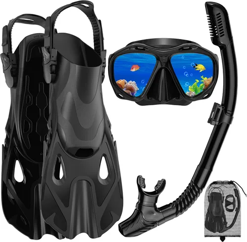 Snorkeling Gear for Adults, Mask Fin Snorkel Set, Dry Top Snorkel Mask, Panoramic View Anti-Leak Anti-Fog 3 in 1 Snorkeling Kit Travel Diving