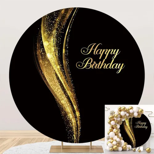 Telón de fondo redondo negro y dorado de 5 pies de color dorado brillante para fotografía de feliz cumpleaños, retrato de tela, decoración de fiesta