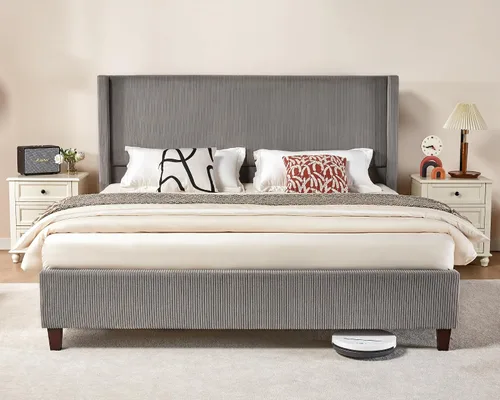 Miniatura 8 de VanAcc Base de cama de plataforma tamaño Queen, cama tapizada de pana de 50.8 pulgadas con cabecera capitonada de canal vertical, listones de Crema