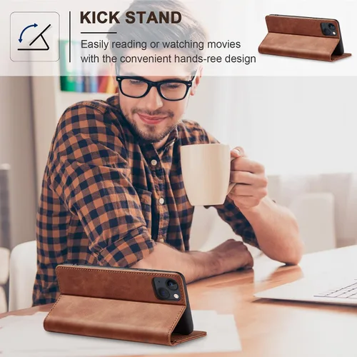 Miniatura 5 de Jasonyu Funda tipo cartera con tapa para iPhone 13, funda magnética de cuero con tarjetero y función atril, funda protectora duradera de TPU a Marrón