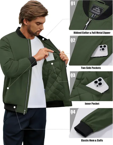 Miniatura 6 de Cotrasen Chaqueta bomber para hombre, para otoño e invierno, cálida, rompevientos, con cremallera completa, acolchada, casual