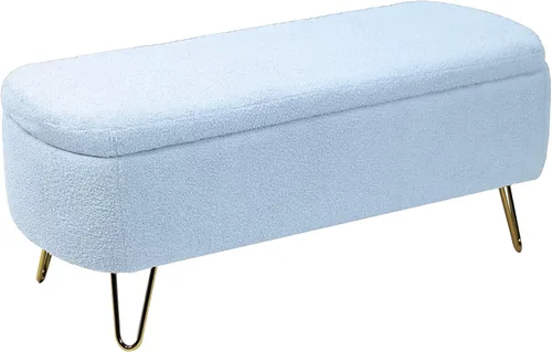 Miniatura 5 de DSHADE Otomana azul con banco de almacenamiento, banco de entrada tapizado de piel sintética, otomana de almacenamiento moderna, otomana plegable
