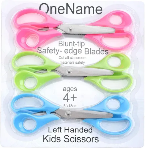 Miniatura 7 de OneName Tijeras zurdas para niños, tijeras para zurdos de 5 pulgadas para niños, hoja de acero inoxidable, asas de agarre cómodo, tijeras