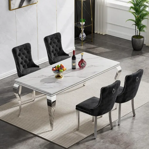 Miniatura 58 de Moderno juego de mesa de comedor de mármol sintético de 68.11 pulgadas para 6, mesa de comedor de mármol blanco y plateado con 6 sillas de Blanco