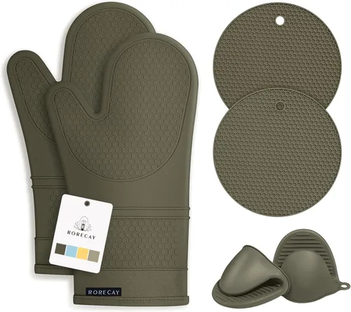 Miniatura 10 de Rorecay Juego de 6 guantes de horno y soportes para ollas para cocina, guantes de horno extralargos de silicona, resistentes al calor, 500 grados