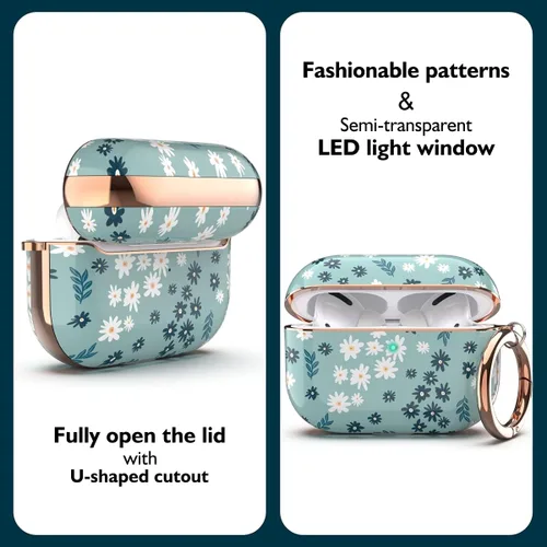 Miniatura 4 de Funda TATOFY para AirPods Pro 2019, elegante funda para AirPods Pro para mujeres y niñas, funda protectora dura con patrones florales con clip (cian)