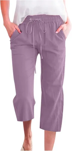 Miniatura 34 de Ceboyel Pantalones capri para mujer para verano, cintura elástica, pantalones de yoga, con cordón, pantalones de lino, pantalones de entrenamiento