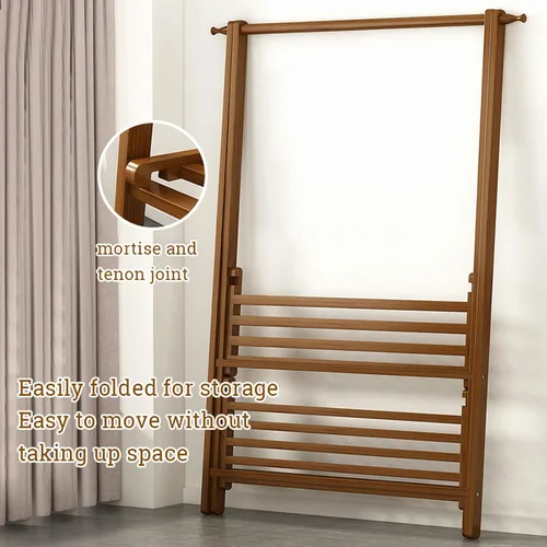 Miniatura 3 de Perchero de bambú portátil plegable con estantes de almacenamiento y riel de ropa colgante para entrada, dormitorio, espacios pequeños