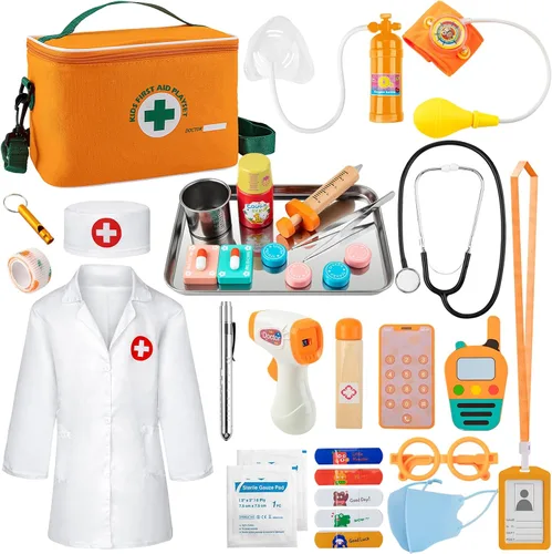 EFO SHM Kit de médico para niños, 34 piezas para niños pequeños de 3 a 5 años con bolsa de almacenamiento médico y estetoscopio real, para niños y