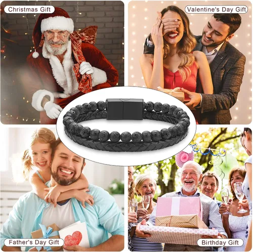 Miniatura 6 de LUXEJEW Gifts for Men - Mens Bracelet, Beaded Leather Bracelets for Men 6mm Tiger Eye Lava Rock Stone Handmade Bracelets Adjustable Stainless Steel