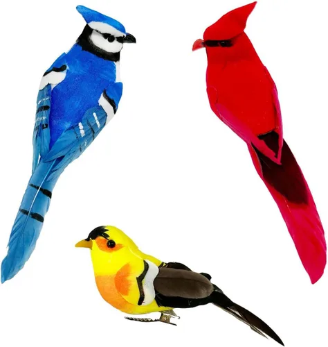 LWINGFLYER 3 pájaros artificiales realistas rojo cardenal azul Jay amarillo jilguero con clip de metal, adornos de pájaros surtidos para decoración