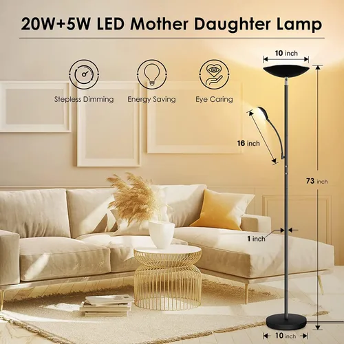 Miniatura 6 de BoostArea Lámpara de pie, LED de 20 W/2000 lúmenes, lámpara de pie torchiere brillante con lámpara de lectura ajustable de 5 W, lámpara de pie