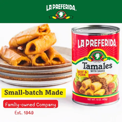 Miniatura 5 de La Preferida Tamales de carne de res y cerdo (tamales mexicanos enlatados en salsa roja) – Sin colorantes artificiales ni conservantes, solo