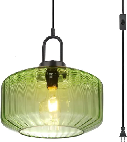 Miniatura 18 de Lámpara colgante de globo de vidrio enchufable, lámpara colgante moderna de mediados de siglo con cable de 14.7 pies, pantalla de vidrio a rayas
