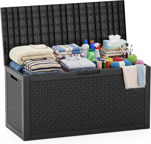 Miniatura 35 de EasyUp Caja de almacenamiento al aire libre de 30 galones, caja de resina para muebles, herramientas de jardín, cajas de almacenamiento exteriores